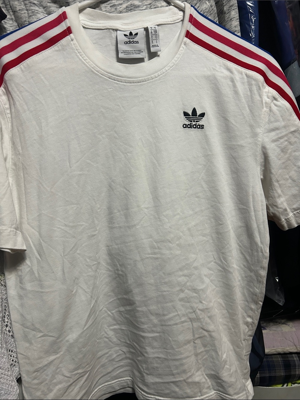 Vintage adidas White Tee with Red Pink Blue Shoulder Stripes and Black Trefoil